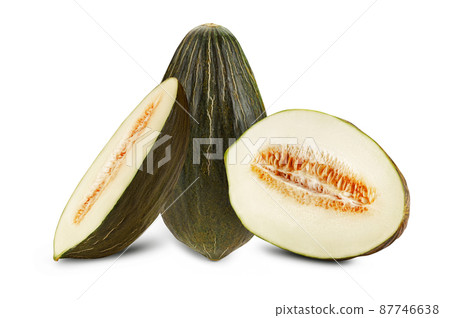 Delicious green tendral melon in cross-section, isolated on white background with copy space for text or images. Side view. Close-up shot. Delicious green tendral melon in cross-section, isolated on white background with copy space for text or images. Side view. Close-up shot. 87746638