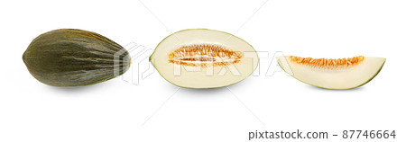 Delicious green tendral melon in cross-section, isolated on white background with copy space for text or images. Side view. Close-up shot. Delicious green tendral melon in cross-section, isolated on white background with copy space for text or images. Side view. Close-up shot. 87746664