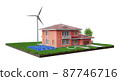 Eco Brick House with solar panels and wind turbine, realistic 3d rendering illustration 87746716