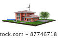 Eco Brick House with solar panels and wind turbine, realistic 3d rendering illustration 87746718