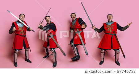Emotions. Collage with young man, medieval warrior or knight wearing wearing armor clothing posing isolated over pink background. Comparison of eras, history 87746752