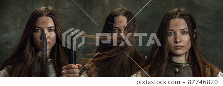 Set made of vintage close-up portraits of adorable woman, medieval female warrior or knight with dirty wounded face looking at camera isolated over dark retro background. Set made of vintage close-up portraits of adorable woman, medieval female warrior or knight with dirty wounded face looking at camera isolated over dark retro background. 87746820