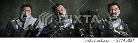 Collage. Comic portrait of medieval warrior or knight with dirty wounded face shaving with an ax isolated over dark vintage background. Comparison of eras, history, beauty Collage. Comic portrait of medieval warrior or knight with dirty wounded face shaving with an ax isolated over dark vintage background. Comparison of eras, history, beauty 87746824