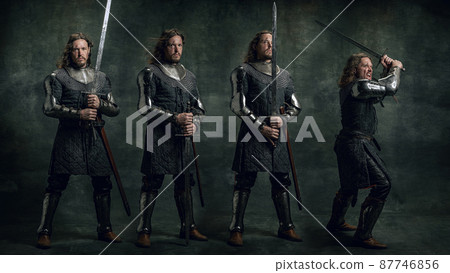 Collage with vintage style portraits of brutal seriuos man, medieval warrior or knight with dirty wounded face holding big sword isolated over dark background. Collage with vintage style portraits of brutal seriuos man, medieval warrior or knight with dirty wounded face holding big sword isolated over dark background. 87746856
