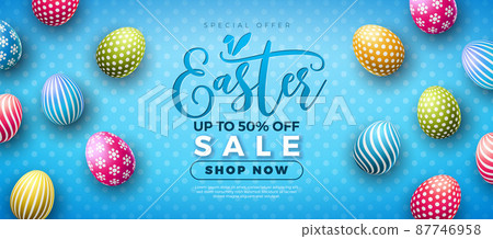 Easter Sale Illustration with Colorful Painted Egg on Blue Background. Vector Easter Holiday Design Template for Coupon, Web Banner, Voucher or Promotional Poster. Easter Sale Illustration with Colorful Painted Egg on Blue Background. Vector Easter Holiday Design Template for Coupon, Web Banner, Voucher or Promotional Poster. 87746958