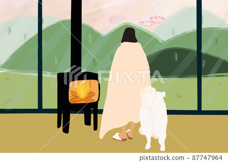 Woman standing with dog by the fireplace enjoying view on the mountains Woman standing with dog by the fireplace enjoying view on the mountains 87747964