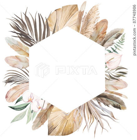 Watercolor Bohemian frame with feathers, dried leaves and tropical flowers illustration Watercolor Bohemian frame with feathers, dried leaves and tropical flowers illustration 87748986
