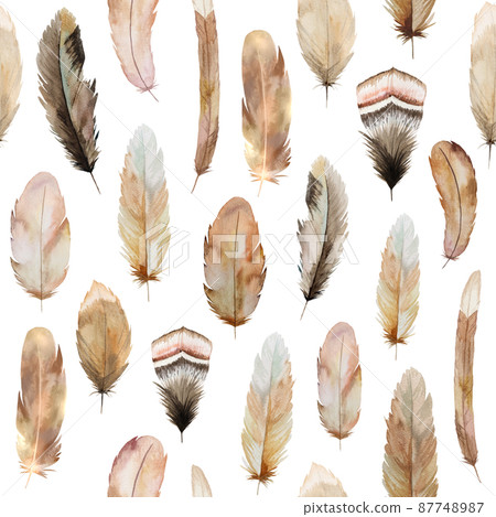 Watercolor seamless pattern made of brown and beige feathers, Bohemian element illustration isolated Watercolor seamless pattern made of brown and beige feathers, Bohemian element illustration isolated 87748987
