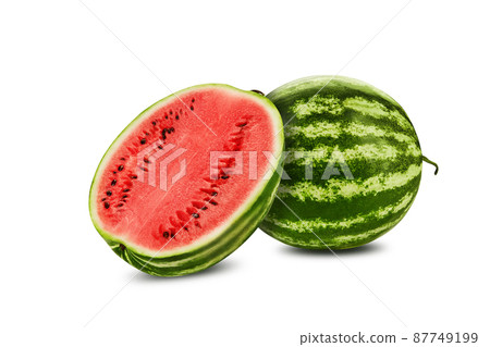 Green, striped watermelon with half isolated on white with copy space for text, images. Cross-section. Berry with pink flesh, black seeds. Close-up. 87749199
