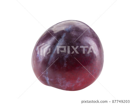 Smooth-skinned, mellow, purple plum fruit isolated on white background with copy space for text or images. Side view. Close-up shot. Smooth-skinned, mellow, purple plum fruit isolated on white background with copy space for text or images. Side view. Close-up shot. 87749203