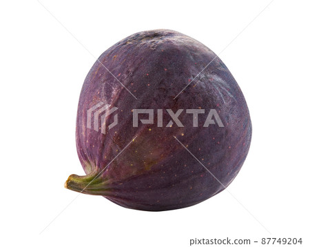 Purple fig isolated on white with copy space for text or images. Soft, sweet fruit, skin is very thin, has many small seeds inside of it. Close-up. Purple fig isolated on white with copy space for text or images. Soft, sweet fruit, skin is very thin, has many small seeds inside of it. Close-up. 87749204