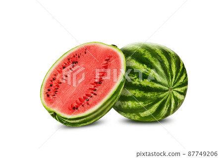 Green, striped watermelon with half isolated on white with copy space for text, images. Cross-section. Berry with pink flesh, black seeds. Close-up. Green, striped watermelon with half isolated on white with copy space for text, images. Cross-section. Berry with pink flesh, black seeds. Close-up. 87749206