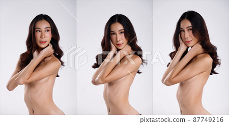 Nudity Woman poses fashion with hands and arms to protect herself with art. Nude topless female 87749216