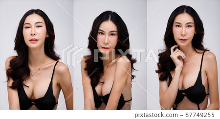 Half Body Portrait of 20s Asian Woman black hair very slim wear sexy dress. Transgender beautiful 87749255