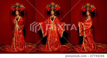 Asian Woman wear China Royal empress traditional costume with golden line design dress and headwear 87749266