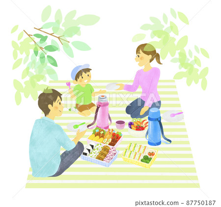 圍繞休閒床單上的午餐盒的家庭野餐 87750187