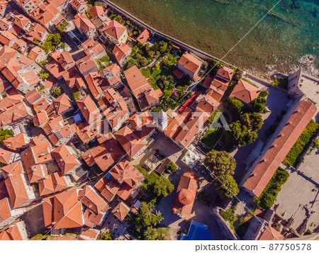 Old town in Budva in a beautiful summer day, Montenegro. Aerial image. Top view 87750578