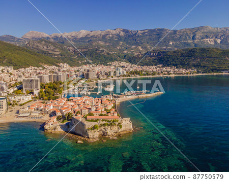 Old town in Budva in a beautiful summer day, Montenegro. Aerial image. Top view Old town in Budva in a beautiful summer day, Montenegro. Aerial image. Top view 87750579