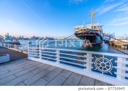 Hikawa Maru in Yamashita Park, Yokohama Cityscape, Japan. Asuka II, Nippon Maru, Royal Wing, etc. are lined up at Osanbashi 87750945