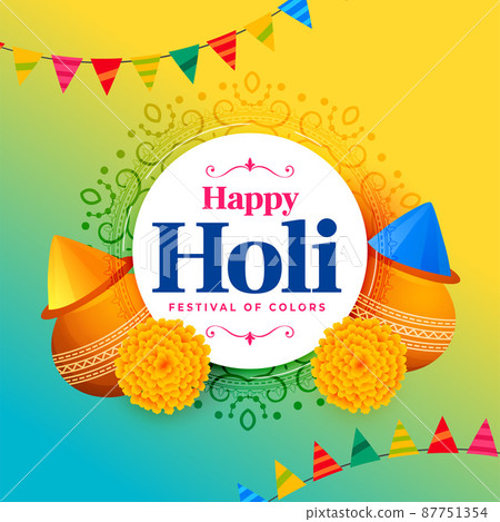 happy holi wishes greeting with garlands and gulaal pot 87751354