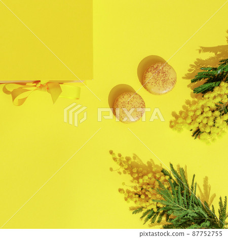 Branches of mimosa flowers, yellow macaroons and yellow gift box with ribbon bow. Greeting for International Womens Day on March 8, mothers day, Easter, Birthday or spring concept. Branches of mimosa flowers, yellow macaroons and yellow gift box with ribbon bow. Greeting for International Womens Day on March 8, mothers day, Easter, Birthday or spring concept. 87752755