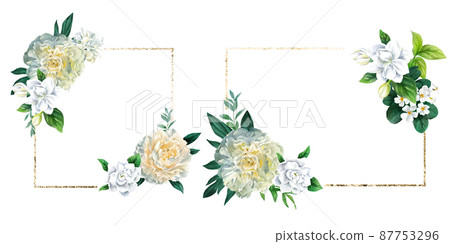 Two floral golden frames with peonies and primrose 87753296