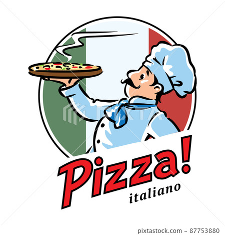 Funny chef with pizza. Emblem or logo design Funny chef with pizza. Emblem or logo design 87753880