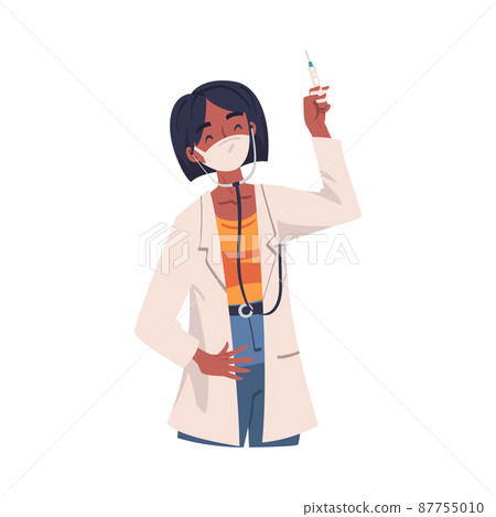 Young Woman Doctor in White Coat with Stethoscope and Syringe Vector Illustration 87755010