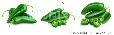 jalapeno peppers isolated on white background. Green chili pepper with clipping path and full depth of field. Set or collection 87755298