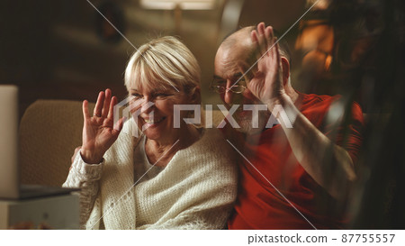 Positive senior couple speaking with family online Positive senior couple speaking with family online 87755557
