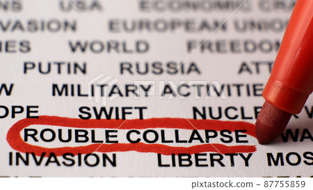 Closeup shot of ROUBLE COLLAPSE written on white paper with a red circle. Crisis Closeup shot of ROUBLE COLLAPSE written on white paper with a red circle. Crisis 87755859