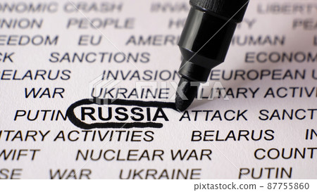 Closeup shot of RUSSIA written on white paper with a black circle around it. Closeup shot of RUSSIA written on white paper with a black circle around it. 87755860
