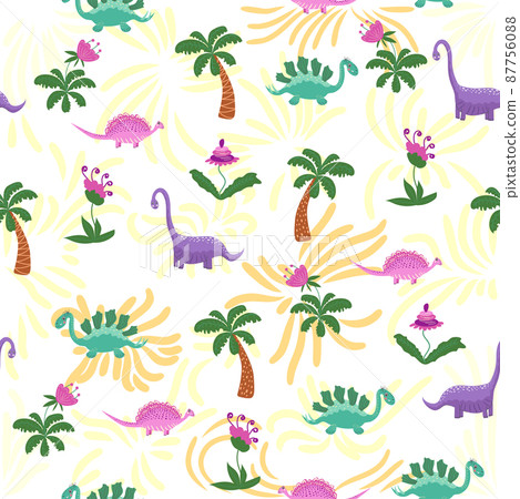 Cute dinosaurs and tropic plants. Funny cartoon dino seamless pattern. Handdrawn cute dinosaurs seamless pattern. Children pattern with dinos, rainbows Cute dinosaurs and tropic plants. Funny cartoon dino seamless pattern. Handdrawn cute dinosaurs seamless pattern. Children pattern with dinos, rainbows 87756088