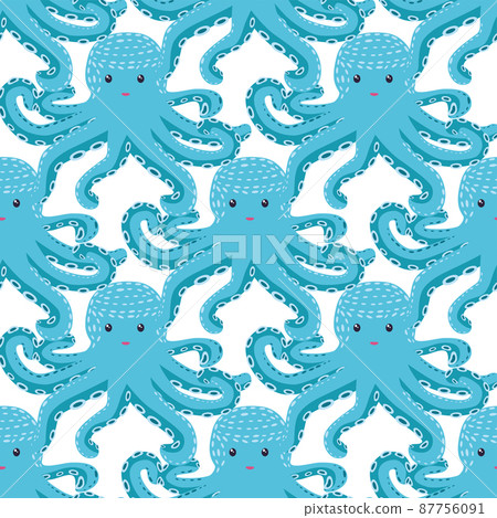 Seamless pattern with cute octopus, seaweed and pearl. Childish seamless pattern with cute hand drawn. Trendy nursery background 87756091