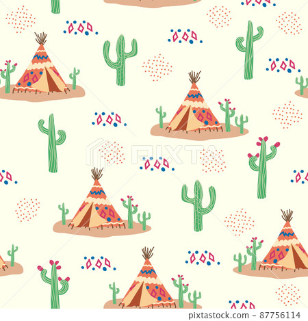 Teepee pattern. Wigwam native american summer tent illustration. Indian background pattern Teepee pattern. Wigwam native american summer tent illustration. Indian background pattern 87756114