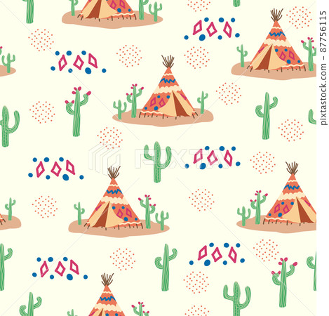 Teepee pattern. Wigwam native american summer tent illustration. Indian background pattern Teepee pattern. Wigwam native american summer tent illustration. Indian background pattern 87756115