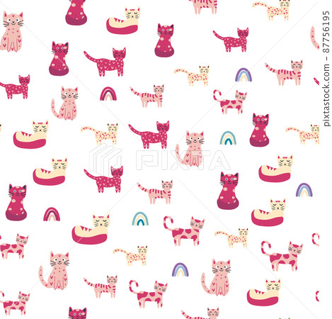 Seamless childish pattern with funny colorful cats and rainbows. Creative scandinavian kids texture. Meow inscription Seamless childish pattern with funny colorful cats and rainbows. Creative scandinavian kids texture. Meow inscription 87756195