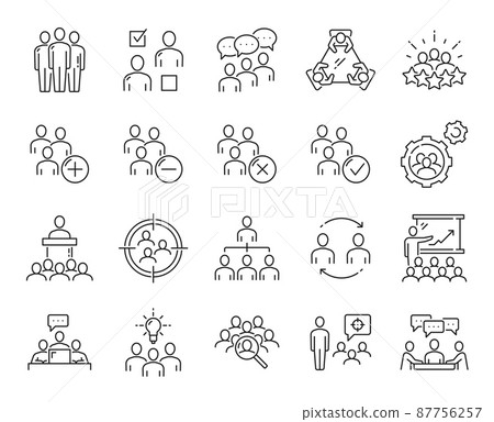 Business team icons of discussion, management and brainstorm, meeting and recruitment. Vector groups of business people, line symbols of teamwork, partnership, office work, human resource, leadership 87756257