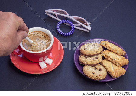 Coffee break during working day, creative people, advertising business concept Coffee break during working day, creative people, advertising business concept 87757095
