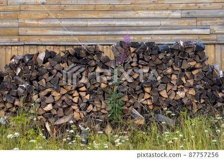 View of the woodpile of firewood near the wooden wall of the house in the village View of the woodpile of firewood near the wooden wall of the house in the village 87757256
