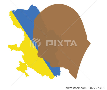 Silhouette of Putin in profile over a map of Ukraine Silhouette of Putin in profile over a map of Ukraine 87757313