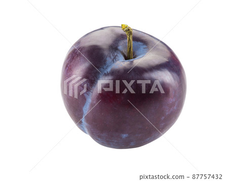 Smooth-skinned, mellow, purple plum fruit isolated on white background with copy space for text or images. Side view. Close-up shot. 87757432