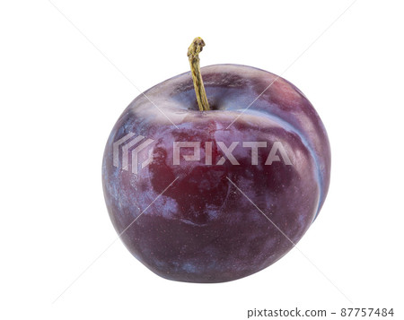 Smooth-skinned, mellow, purple plum fruit isolated on white background with copy space for text or images. Side view. Close-up shot. 87757484