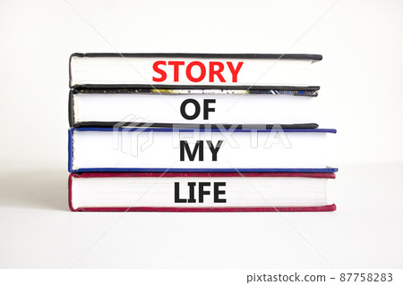Story of my life and storytelling symbol. Concept words Story of my life on books. Beautiful white table white background. Story of my life business concept. Copy space. Story of my life and storytelling symbol. Concept words Story of my life on books. Beautiful white table white background. Story of my life business concept. Copy space. 87758283