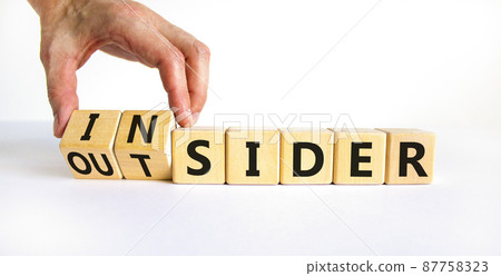 Insider or outsider symbol. Businessman turns a cube, changes the word insider to outsider. Beautiful white table, white background. Business, insider or outsider concept. Copy space. Insider or outsider symbol. Businessman turns a cube, changes the word insider to outsider. Beautiful white table, white background. Business, insider or outsider concept. Copy space. 87758323