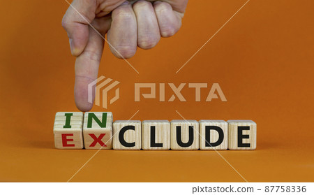 Symbol for a better inclusion. Male hand turns wooden cubes and changes word exclude to include. Beautiful orange background. Copy space. Better inclusion concept. Symbol for a better inclusion. Male hand turns wooden cubes and changes word exclude to include. Beautiful orange background. Copy space. Better inclusion concept. 87758336