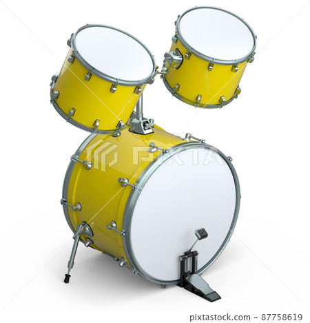 Set of realistic drums with pedal on white background. 3d render concept of musical instrument, drum machine. Set of realistic drums with pedal on white background. 3d render concept of musical instrument, drum machine. 87758619