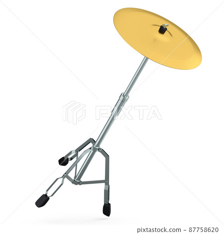 Metal cymbal on a stand on white background. 3d render concept of musical percussion instrument, drum machine. 87758620