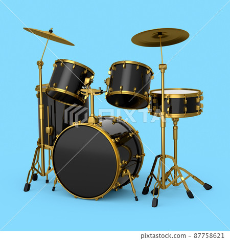 Set of realistic drums with metal cymbals on blue background. 3d render concept of musical percussion instrument, drum machine and drumset 87758621