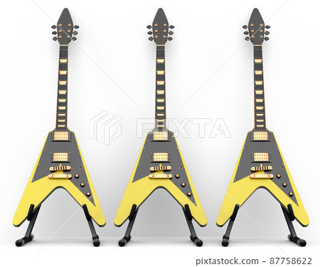 Set of electric acoustic guitar isolated on white background. 3d render of concept for rock festival poster with heavy metal guitar for music shop 87758622